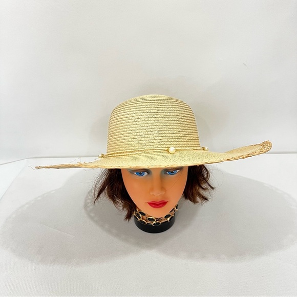 Sun Hat Faux Pearls Details Around Packable Tan Light Brown - Picture 1 of 9